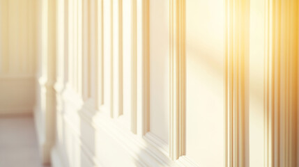 Obraz premium Elegant wainscoted wall showcasing intricate detailing in warm sunlight. Gentle shadows enhance the minimalist aesthetic, highlighting the luxury and sophistication of the design