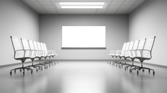 Sleek, minimalist boardroom featuring a blank presentation board and elegant white chairs. The fisheye angle enhances the spacious, contemporary design, emphasizing simplicity and professionalism