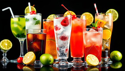a group of glasses filled with different types of drinks and garnished with limes, cherries, and limes , with white tonespng
