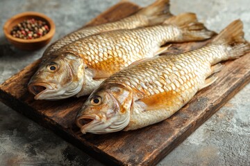Obraz premium Two Fresh Fish on Wooden Board with Seasoning