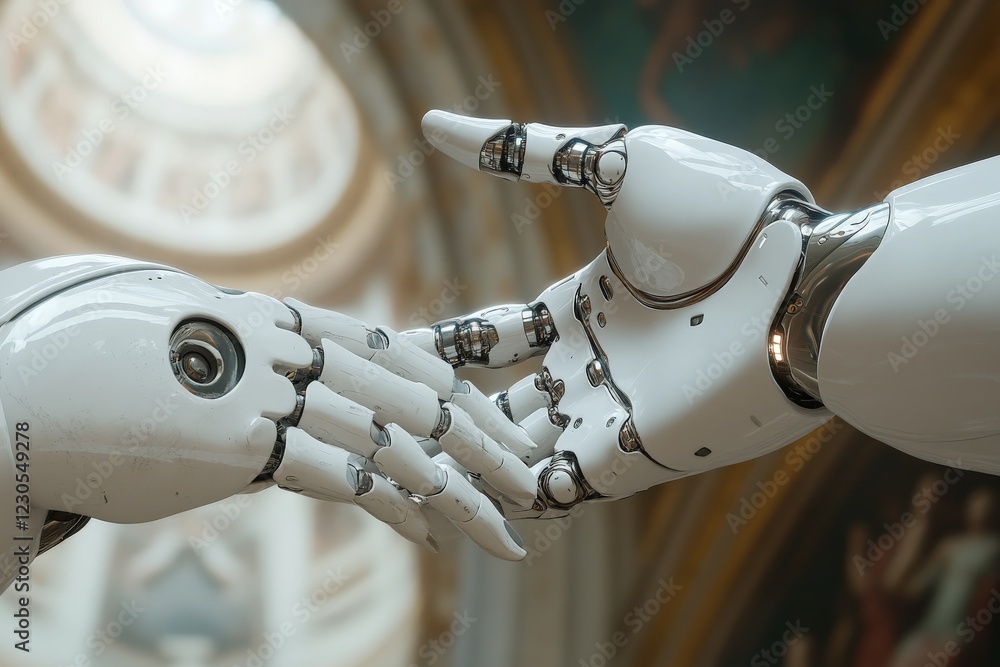 Poster Robotic hands reaching towards each other in a grand architectural space with soft lighting