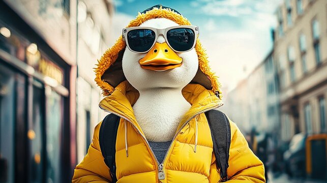 Fashionable duck struts along city street in stylish attire