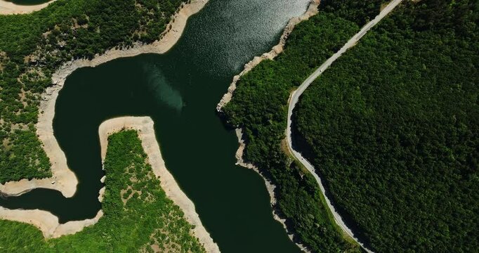 River Crevice On Hot Summer Day Strong Wind Current Aerial Steady Top Down Landscape