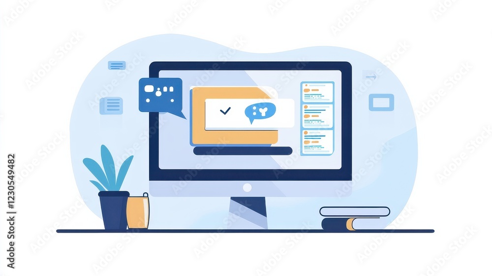 Poster computer showing chatbot interface, user practicing
