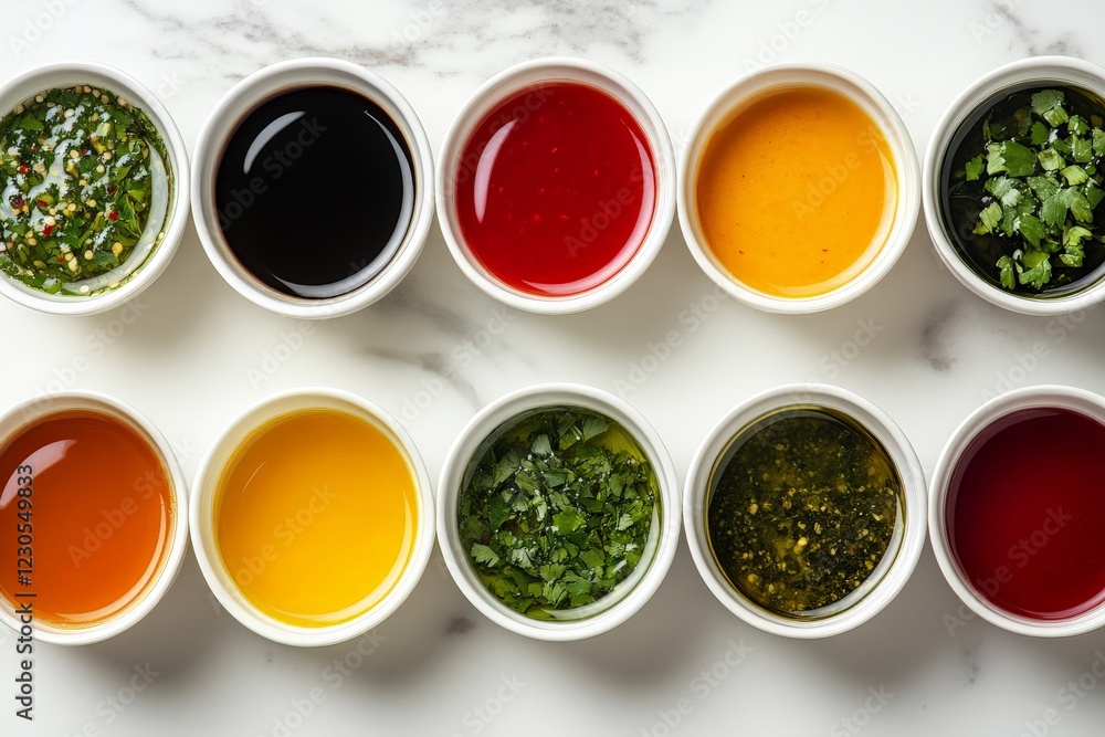 Poster nine vibrant sauces arranged in small bowls displaying a variety of colors and textures ideal for en