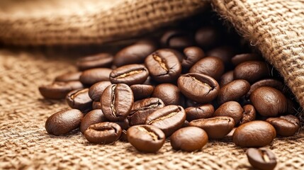 Fototapeta premium Close-up of freshly roasted coffee beans spilling from a burlap sack, showcasing rich textures and color