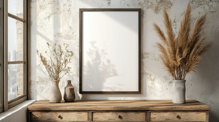 Light-filled living room mockup with drawers and decorative accents, featuring a minimalist frame