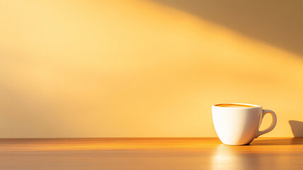 Sleek wooden desk bathed in soft golden light creates a cozy study corner. A warm cup of coffee adds a touch of comfort and sophistication to the minimalist setting