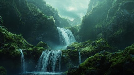 Fototapeta premium Mossy waterfall in misty green canyon; nature background