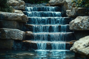 Cascading waterfalls with stylized water effects, creating a dynamic and visually captivating scene with a focus on movement and flow