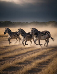 Obraz premium Three zebras running playfully through a dusty savanna landscape 