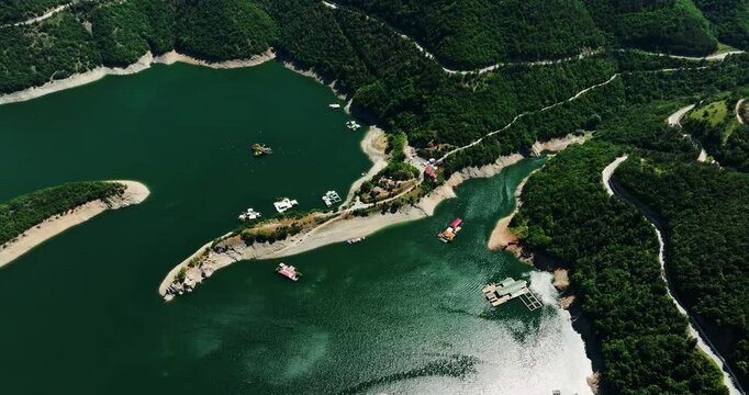 River Meandre Curved Mountain Road Villa Camping Zone Light Reflections Aerial Orbit