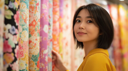 Young Asian female designer examining floral-patterned textiles near bright storefront, evaluating fabric selection with subtle smile, soft natural lighting highlighting material details