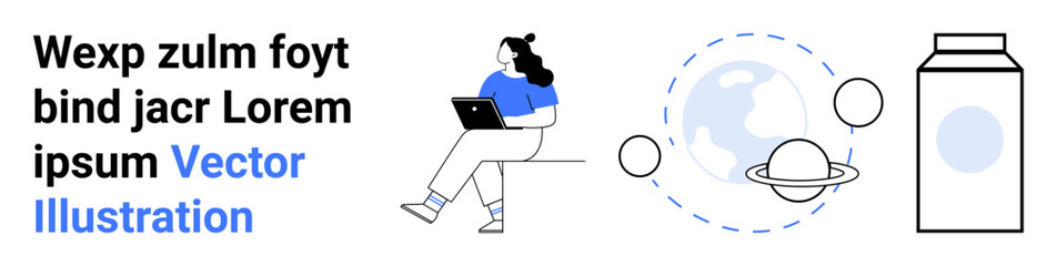 Woman seated with laptop, planetary sketch with rings, carton. Ideal for tech, education, space, minimal design, lifestyle, modern graphics. Landing page