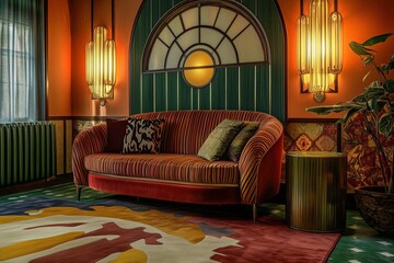 Fototapeta premium A stylish Art Deco interior design style living room featuring a vintage red velvet sofa with patterned cushions, a round window, and decorative wall lamps. The floor is adorned with a colorful rug.