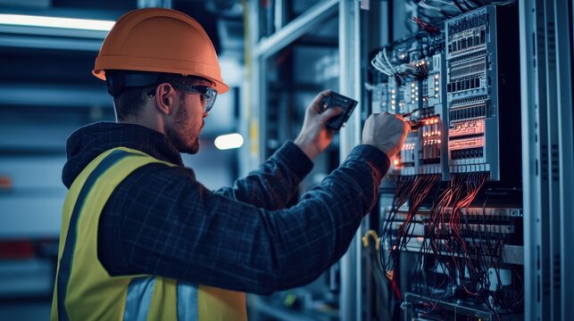 A detailed view of a technician testing electrical systems in a data center, Data center construction scene, Technology integration style