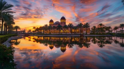 Naklejka premium Scenic Mosque Reflection in Water at Sunset with Vibrant Sky 