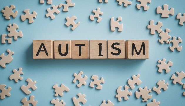 Autism awareness concept with wooden blocks and puzzle pieces. - Powered by Adobe
