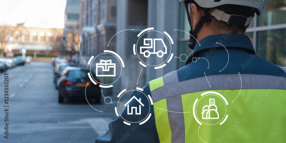 Poster delivery worker with augmented reality interface showing delivery routes, packages, and customer loc