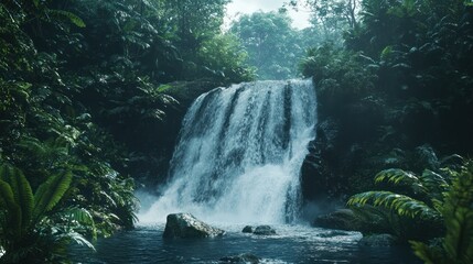 Fototapeta premium Lush jungle waterfall cascading into pool. Background Tropical forest. Use Nature travel