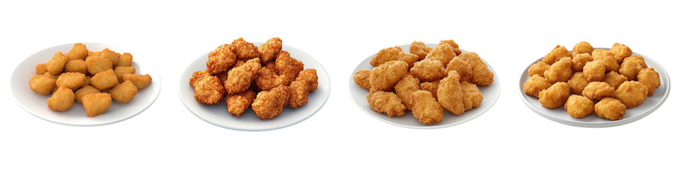 Fried chicken nugget on a plate isolated on transparent background, PNG, set of