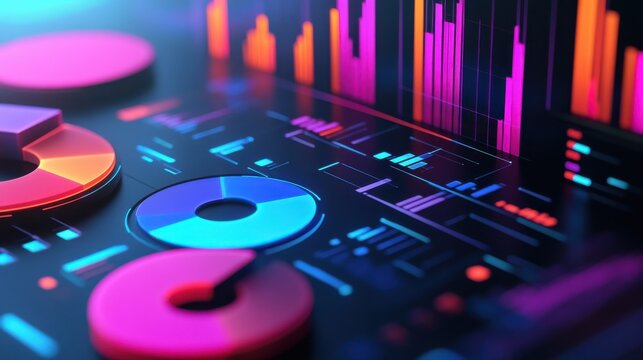 3D illustration of customer data analysis with vibrant pie charts and customer icons, showcasing segmented data and insights in a sleek, futuristic design
