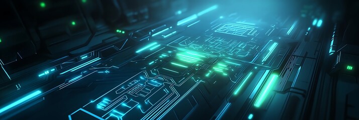 Fototapeta premium A vector illustration of futuristic circuitry with glowing blue and green highlights illuminated by soft ambient lighting