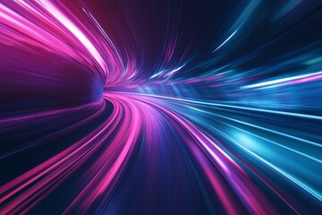 Fototapeta premium This vibrant abstract image showcases dynamic light trails in motion, creating a striking visual effect against a dark background. Perfect for themes of speed and technology.