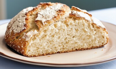 Fototapeta premium Irish soda bread showcased on a cream plate against a muted blue background