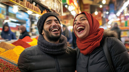Obraz premium Happy muslim couple laughing and enjoying a moment of joy while buying colorful spices at the market, sharing warmth and complicity during their delightful shopping experience