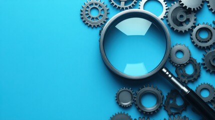 Magnifying glass and gears on blue background representing seo audit and analysis.
