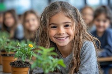 Smiling girl with plants in a classroom full of students during a hands-on learning activity about gardening