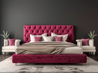 Luxurious bedroom interior with a king-sized bed with a tufted headboard. white nightstands. and a patterned rug
