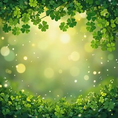 Green clover leaves with sunlight and bokeh effect. St. Patrick's Day and nature background. Design for wallpaper, banner, greeting card, postcard, invitation.