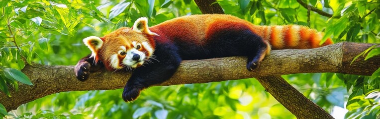 A red panda reclines comfortably on a sturdy tree branch, framed by vibrant green leaves. The setting showcases the calm and beauty of nature during daylight