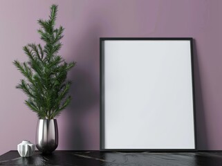 A black frame leaning against a pink wall with a vase of pine branches