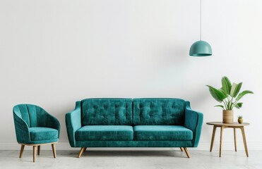 Teal sofa and armchair in a minimalist living room with white walls. wooden coffee table. and a green plant