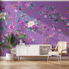 A living room interior with a purple floral wallpaper featuring an array of colorful flowers. leaves. and branches on a lavender background The wallpaper is complemented by a cream armchair and a whit