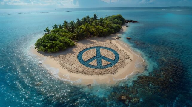 A small island with a peace symbol in the sand