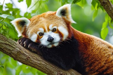 A red panda relaxes on a sturdy tree branch, nestled among vibrant green foliage. The animal enjoys a calm moment, highlighting its unique features and peaceful demeanor