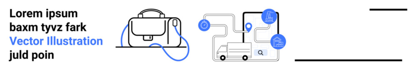 Open briefcase with strap, interconnected delivery route with location markers, box truck. Ideal for logistics, delivery services, business planning, supply chain, e-commerce, travel planning