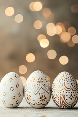 Fototapeta premium A row of decorated Easter eggs in various colors, including white and gold, arranged on a textured surface. The scene captures the essence of the Easter holiday.