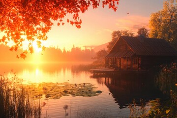 Fototapeta premium Serene sunrise over a tranquil lake beside a rustic cabin enveloped in autumn hues