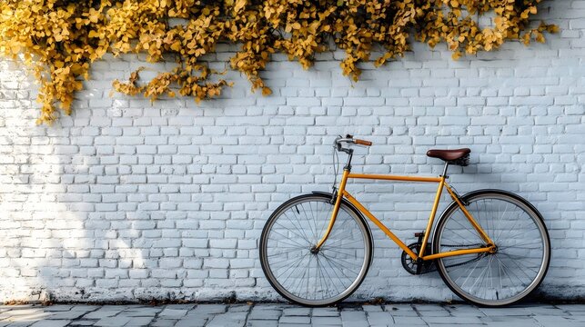 A yellow bicycle is leaning against a brick wall