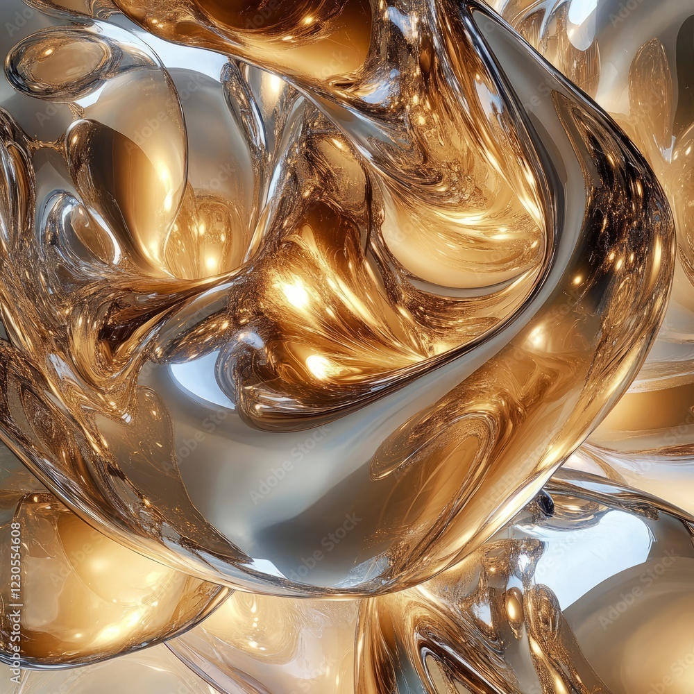 Poster a mesmerizing abstract image featuring swirling patterns of liquid gold and silver with reflective s