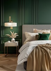 Elegant bedroom interior with a green wall. white bedding. and a gold lamp