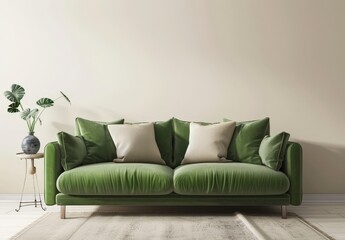Minimalist living room with a green velvet sofa. white throw pillows. a small side table and a vase with a plant on the beige wall