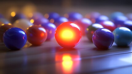 Glowing Red Marble Among Colorful Spheres