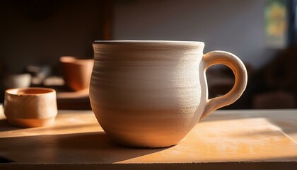 an unfinished ceramic mug placed under soft light showcasing its handcrafted texture and raw beauty