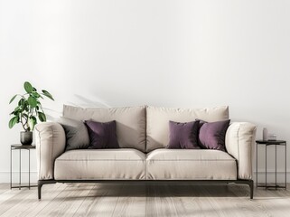 A beige sofa with purple pillows and a plant sits in front of a white wall with wood floors
